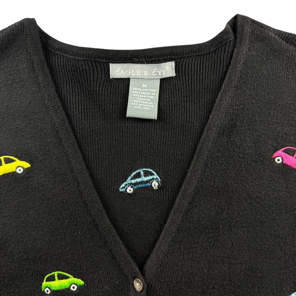 Vintage 90s Eagle's Eye Little Bug Embroidered Car Cardigan Sweater Size Medium - Picture 3 of 10